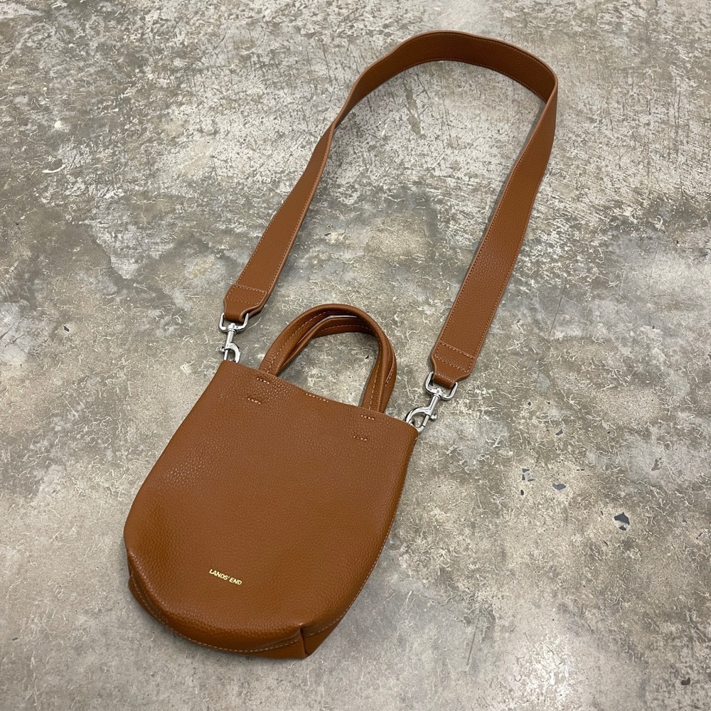 Lands End Cognac Brown Pebbled Faux Leather Crossbody Bag Mini Tote